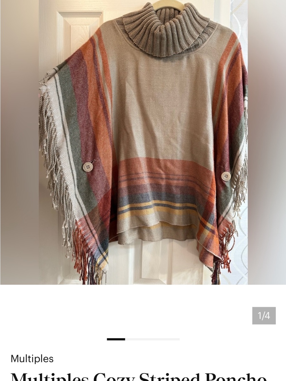 Cozy Striped Turtleneck Poncho Sweater - Taupe & Rust NWT